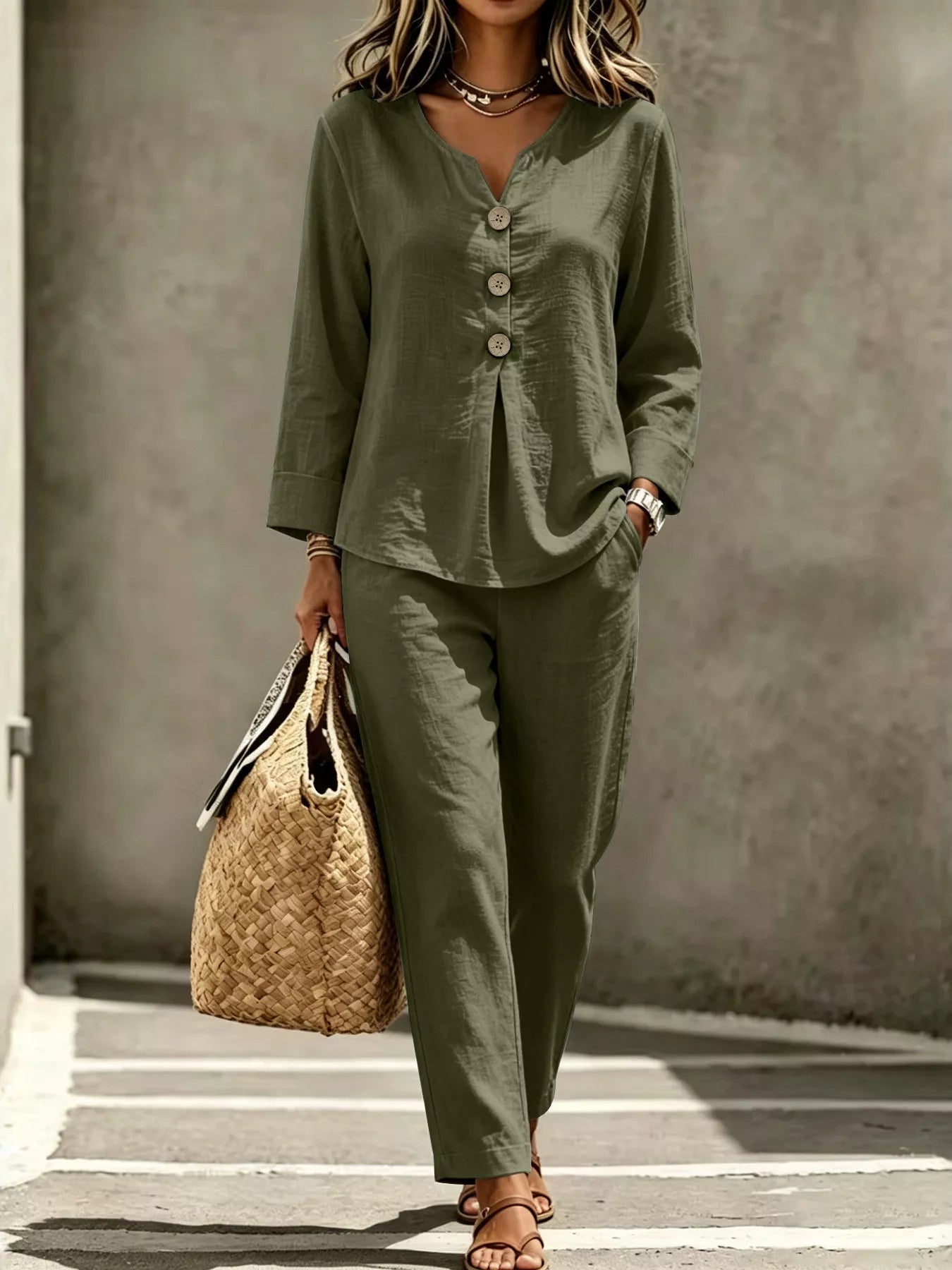 A woman wearing an olive green two-piece linen set with a long-sleeve button-front top and matching wide-leg pants, holding a woven straw tote bag against a textured gray wall.