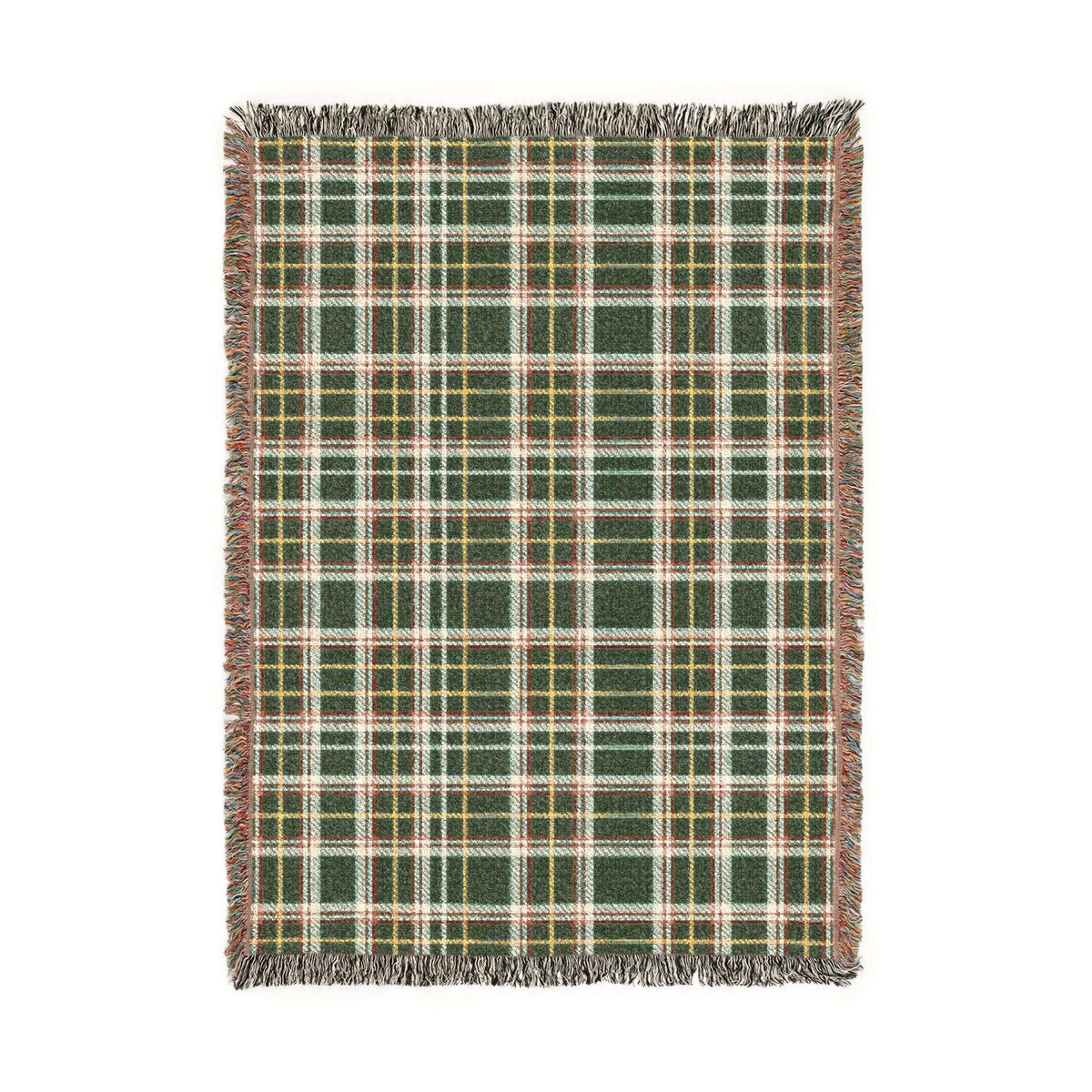 A rectangular woven throw blanket with a green, red, white, and yellow plaid pattern and fringed edges, shown flat against a white background.