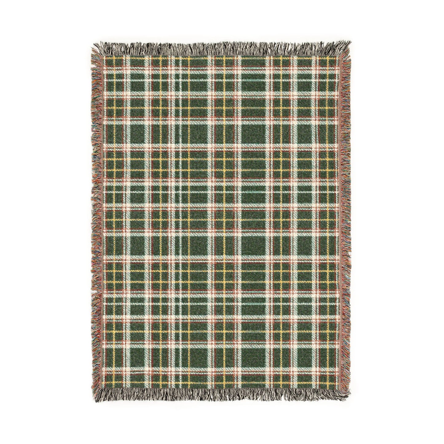 A rectangular woven throw blanket with a green, white, and yellow plaid pattern and fringed edges, shown flat against a white background.