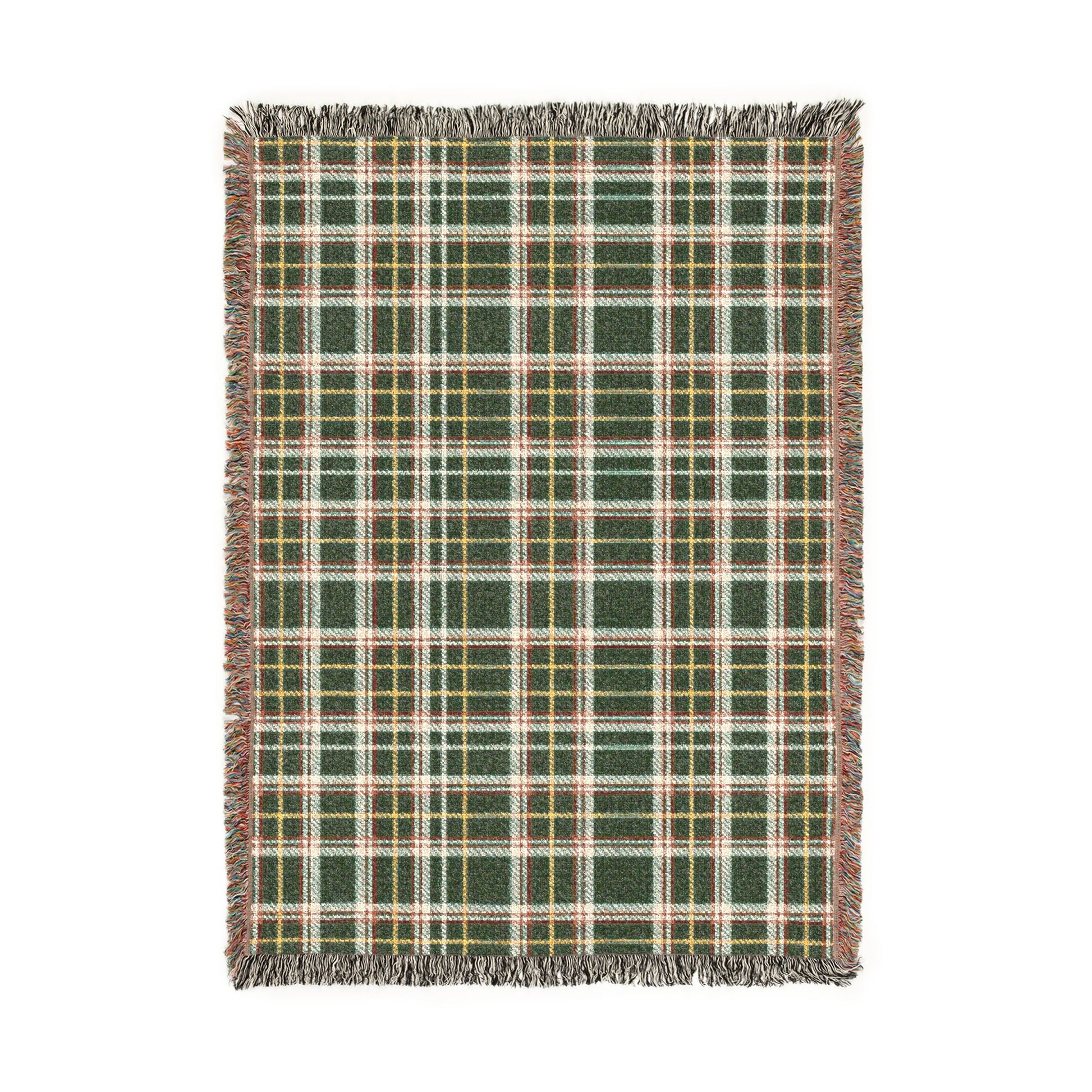 A rectangular woven throw blanket with a green, white, and yellow plaid pattern and fringed edges, shown flat against a white background.