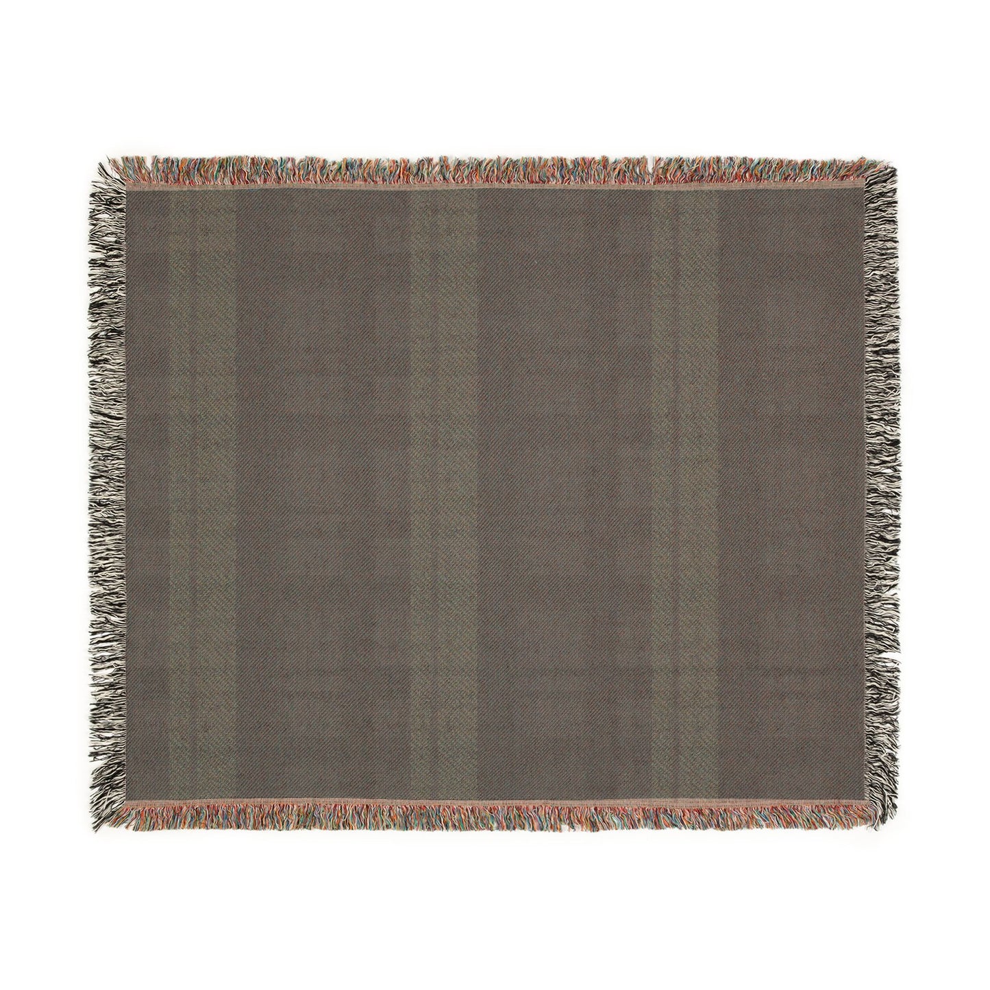 A rectangular woven throw blanket with a muted brown and gray plaid pattern and fringed edges, shown flat against a white background.