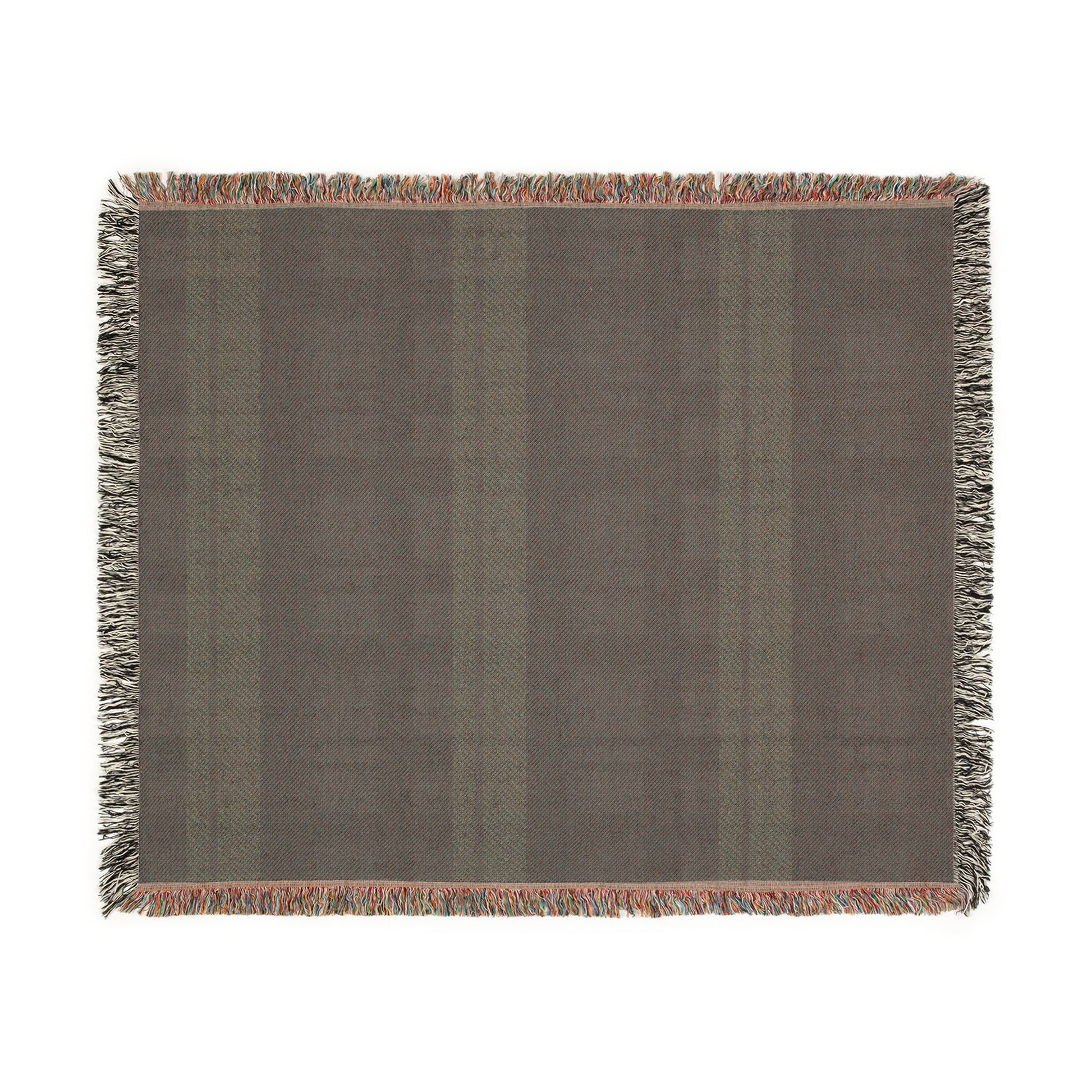 A rectangular woven throw blanket with a muted brown and gray plaid pattern and fringed edges, shown flat against a white background.
