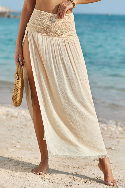Beige Shirred High Waist Split Long Beach Coverup Skirt