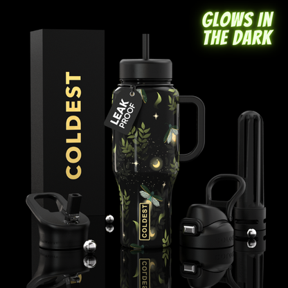 Black water bottle with floral design, 'Leak Proof' tag, and 'Glow in the Dark' text on a reflective surface.