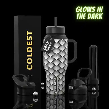 Black water bottle with textured design, 'Coldest' branding, and 'Glow in the Dark' text on a black background.