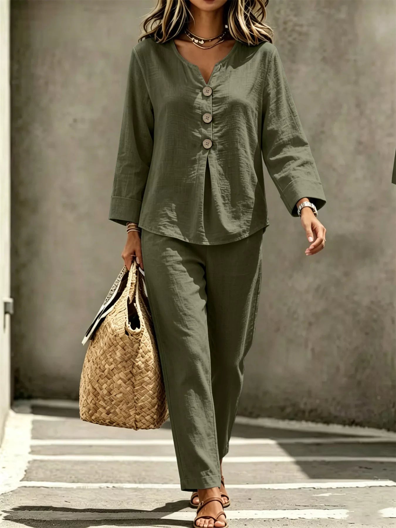 A woman wearing an olive green two-piece linen set with a long-sleeve button-front top and matching wide-leg pants, walking outdoors while carrying a woven straw tote bag.