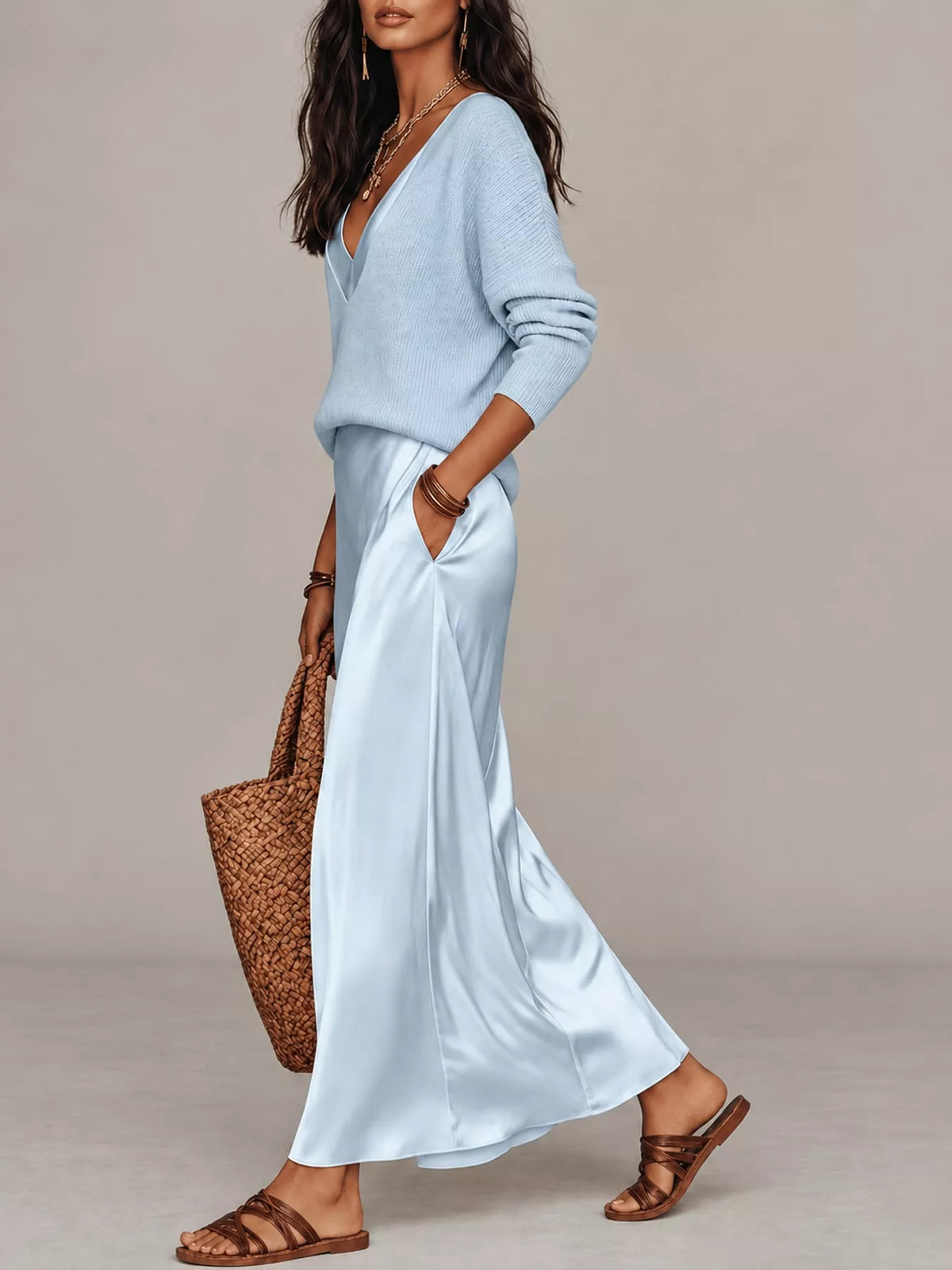 Side view of light blue V-neck top and satin midi skirt, showing the side pocket.