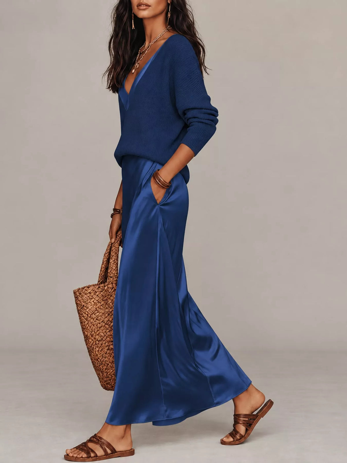 Side view of dark blue V-neck top and satin midi skirt, showing the side pocket.