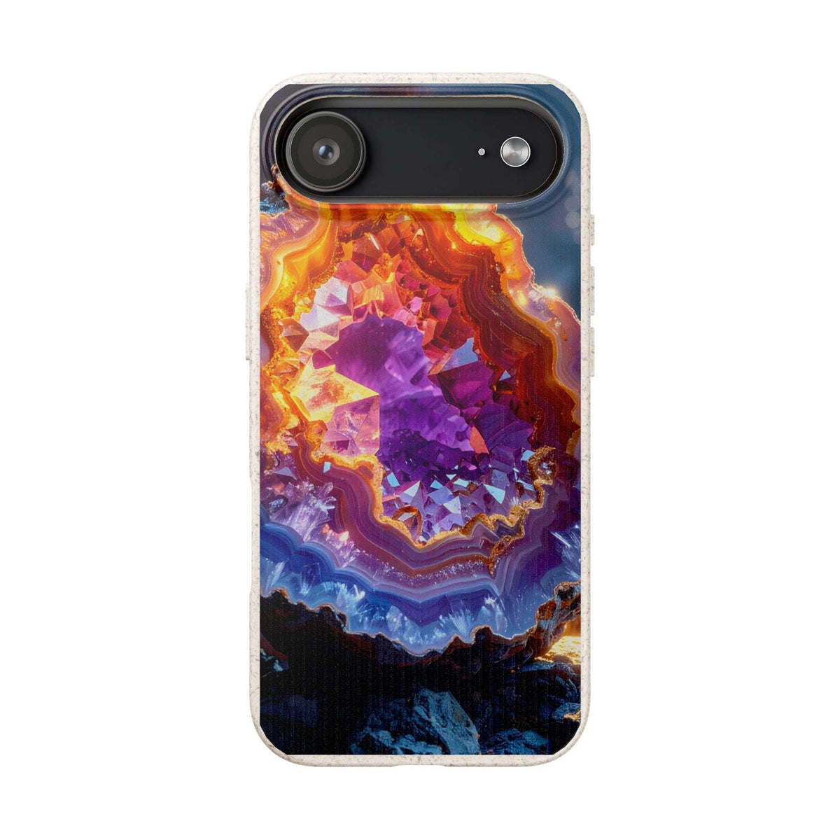 A clear phone case featuring a vibrant, detailed print of a geode with purple, orange, yellow, and blue crystal formations, shown on a white background.