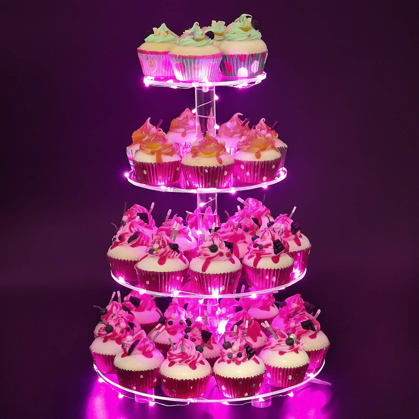 YestBuy 4 Tier Cupcake Stand Acrylic Tower Display with LED Light Premium Holder Dessert Tree Tower for Birthday Cady Bar Décor Weddings, Parties Events (Yellow Light)