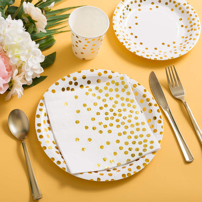 HOMIX 175 Piece Gold Party Supplies Set Serves 25 - Gold Paper Plates Napkins Cups with Gold Plastic Silverware Sets for Wedding Bridal Shower Baby Shower Holiday Parties