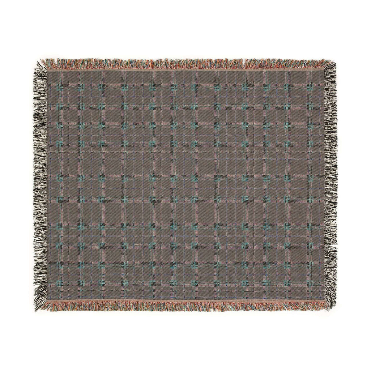 Reverse side of a rectangular woven throw blanket with fringed edges, featuring a muted brown and gray plaid pattern accented with small teal and rust-colored threads, shown flat against a white background.