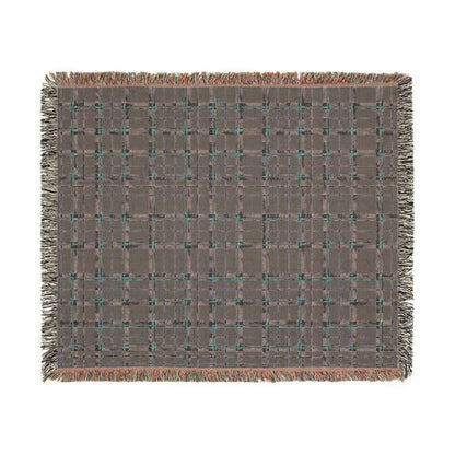Reverse side of a rectangular woven throw blanket with fringed edges, featuring a muted brown and gray plaid pattern accented with small teal and rust-colored threads, shown flat against a white background.