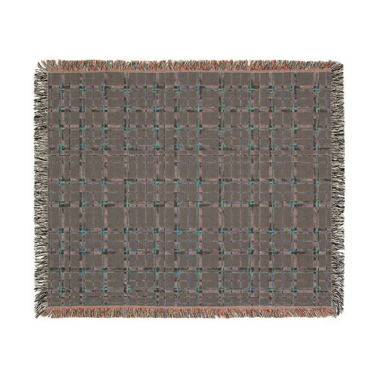 A rectangular woven throw blanket with fringed edges, featuring a muted brown and gray plaid pattern accented with small teal and rust-colored threads, shown flat against a white background.