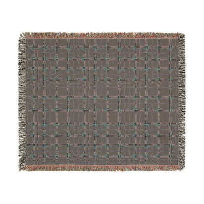 A rectangular woven throw blanket with fringed edges, featuring a muted brown and gray plaid pattern accented with small teal and rust-colored threads, shown flat against a white background.