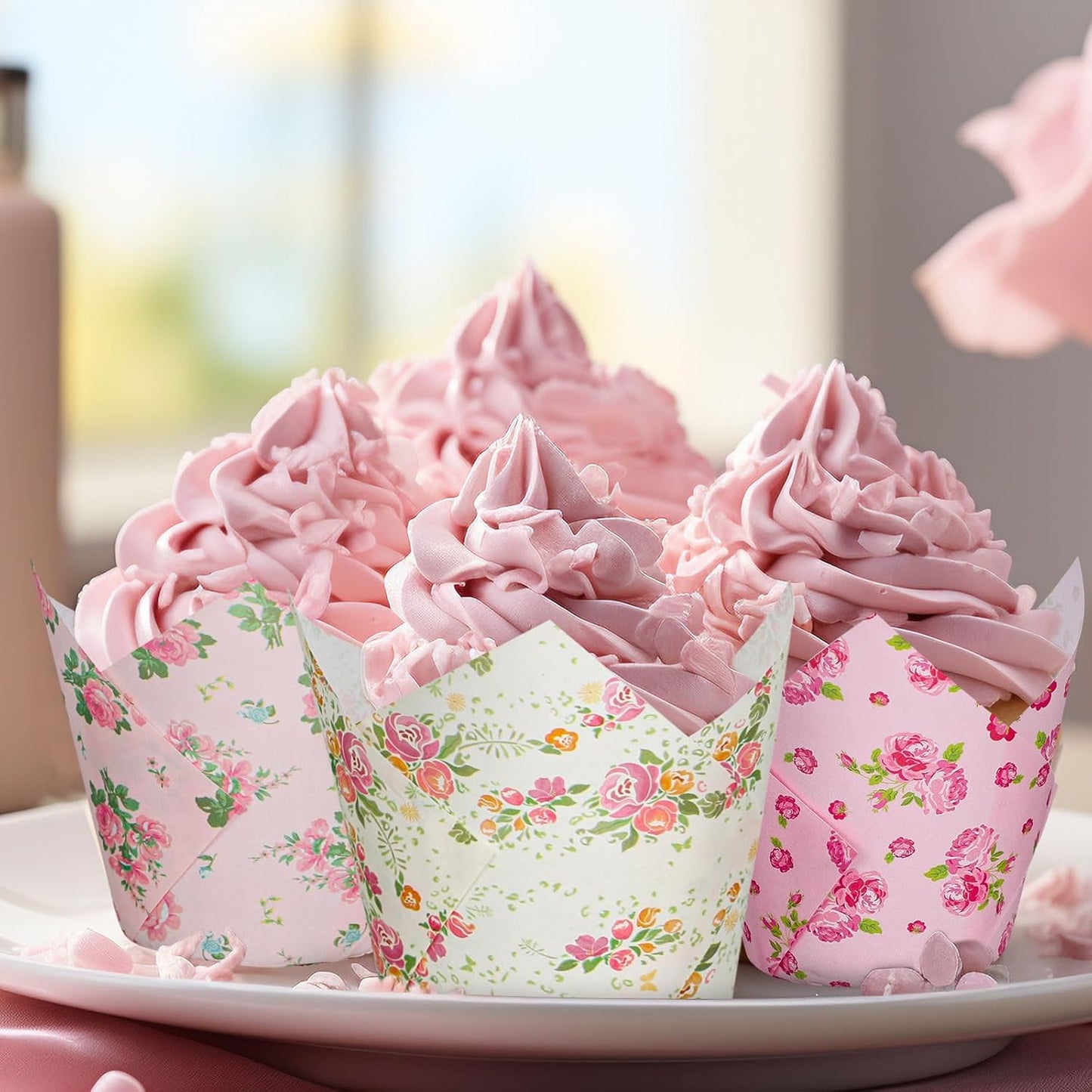 Whaline 180Pcs Spring Floral Tulip Cupcake Liners Greaseproof Muffin Baking Liners Pink Flower Tulip Cupcake Wrappers Baking Cup for Wedding Bridal Shower Birthday Tea Party Decor