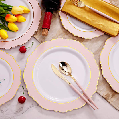 WDF 30Guest Pink Plastic Plates & Pink Christmas Plates - Gold Plastic Silverware With Pink Handle-Baroque Pink &Gold Plastic Dinnerware for Upscale Wedding &Parties