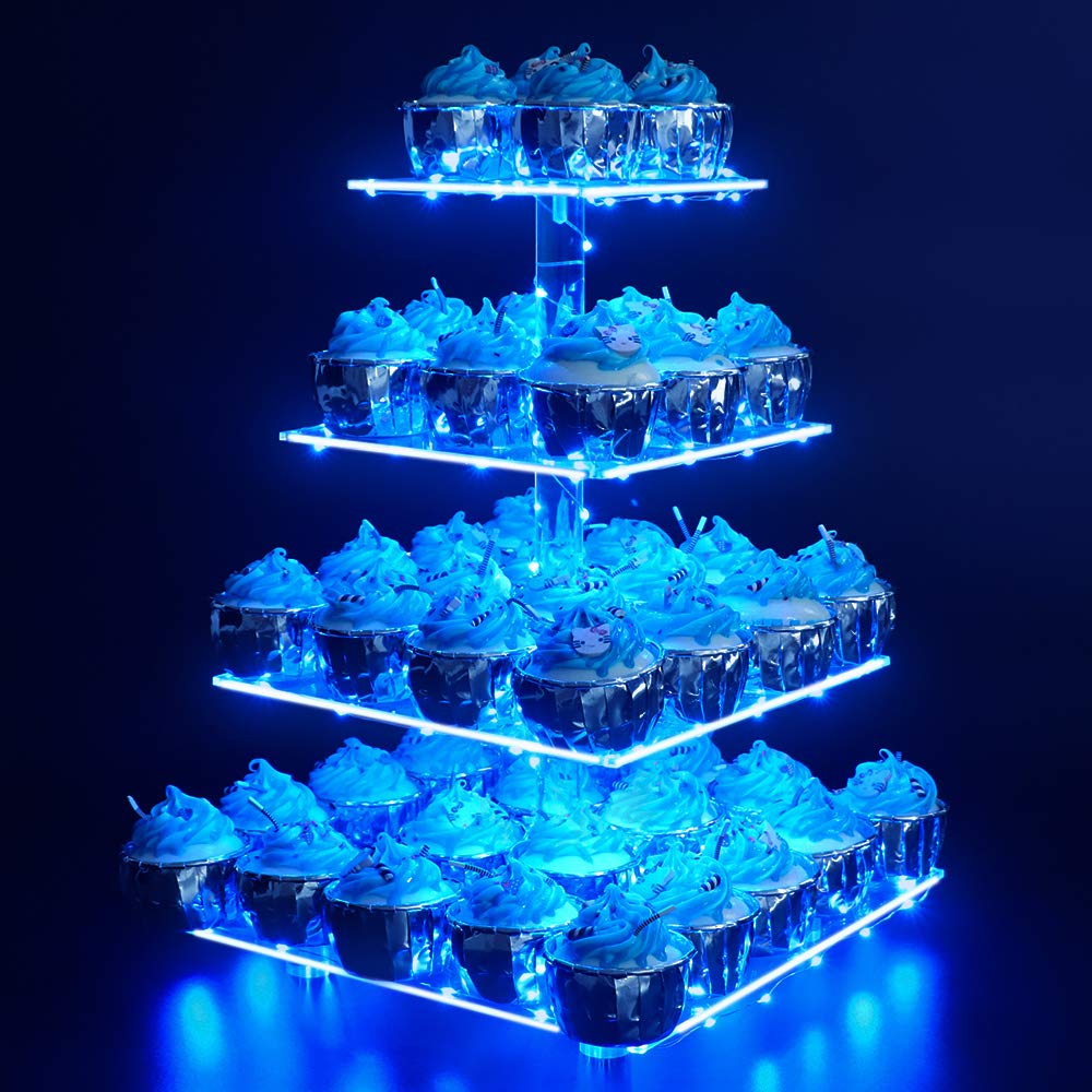 YestBuy 4 Tier Cupcake Stand Acrylic Tower Display with LED Light Premium Holder Dessert Tree Tower for Birthday Cady Bar Décor Weddings, Parties Events (Yellow Light)