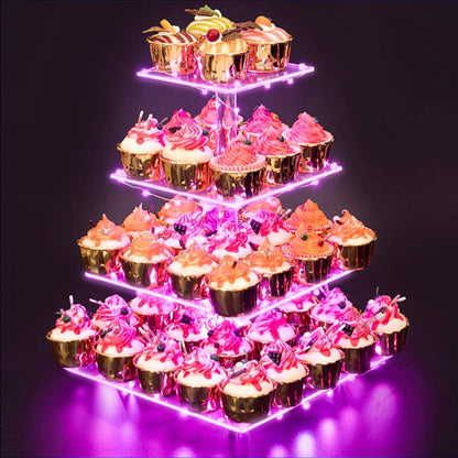 YestBuy 4 Tier Cupcake Stand Acrylic Tower Display with LED Light Premium Holder Dessert Tree Tower for Birthday Cady Bar Décor Weddings, Parties Events (Yellow Light)