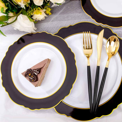 WDF 30Guest Pink Plastic Plates & Pink Christmas Plates - Gold Plastic Silverware With Pink Handle-Baroque Pink &Gold Plastic Dinnerware for Upscale Wedding &Parties