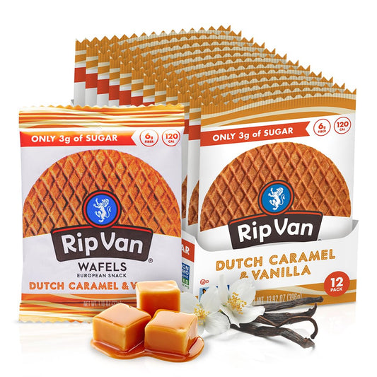 Rip Van Wafels Dutch Caramel & Vanilla Stroopwafels, Healthy Snacks, Non-GMO, Low Calorie, Low Sugar (3g), Office Snacks, Keto Friendly, 12 Count