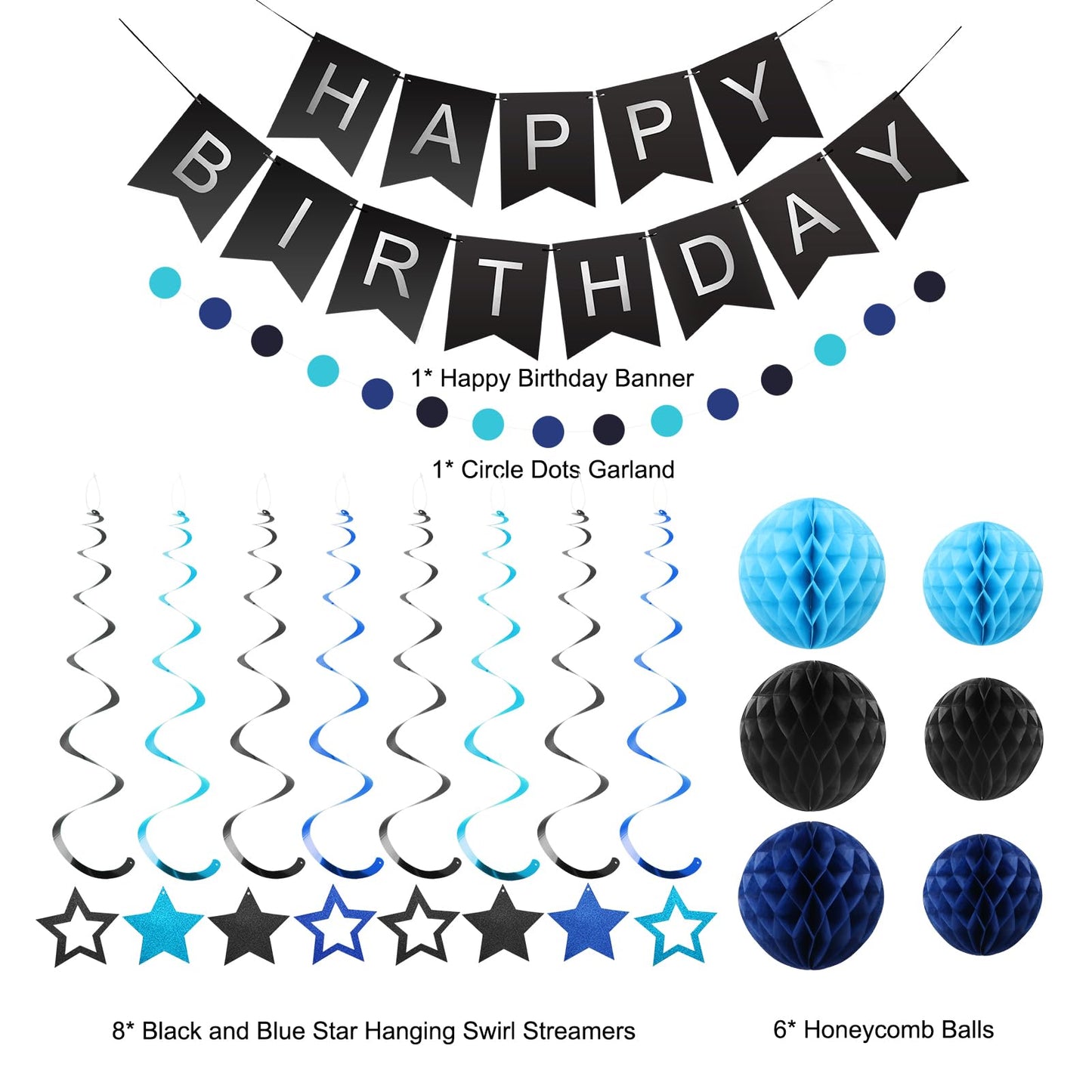 meowtastic Birthday Decorations, Happy Birthday Banner with Honeycomb Balls, Stars Hanging Swirl Streamers, Circle Dots Garland, Happy Birthday Party Decorations for Women Men Boys Girls (Blue)