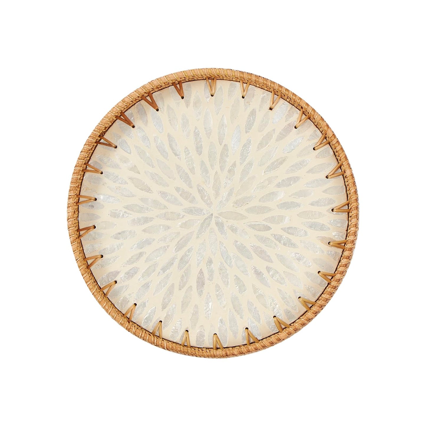 Round Rattan Tray with Mother of Pearl Inlay, Rattan Serving Tray with Wooden Base, Decorative Wicker Basket for Table Decor, Storage and Display of Coffee Bread Food Fruit (Plume)