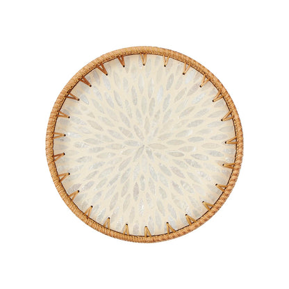 Round Rattan Tray with Mother of Pearl Inlay, Rattan Serving Tray with Wooden Base, Decorative Wicker Basket for Table Decor, Storage and Display of Coffee Bread Food Fruit (Plume)