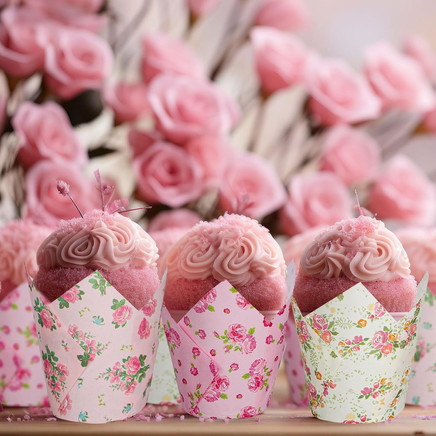 Whaline 180Pcs Spring Floral Tulip Cupcake Liners Greaseproof Muffin Baking Liners Pink Flower Tulip Cupcake Wrappers Baking Cup for Wedding Bridal Shower Birthday Tea Party Decor