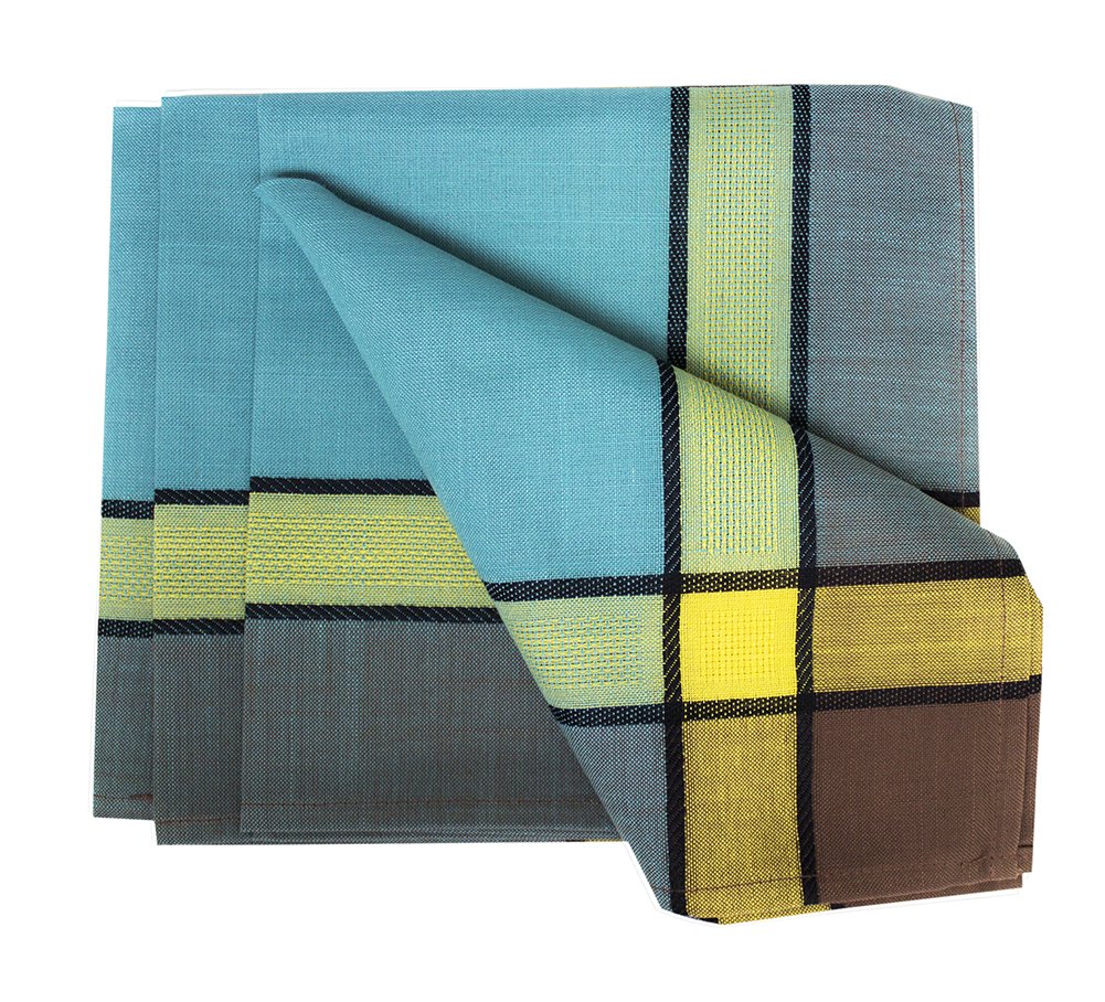 A folded plaid table linen set featuring a teal blue base with yellow, lime green, and brown blocks outlined in black, displayed on a clean white background.