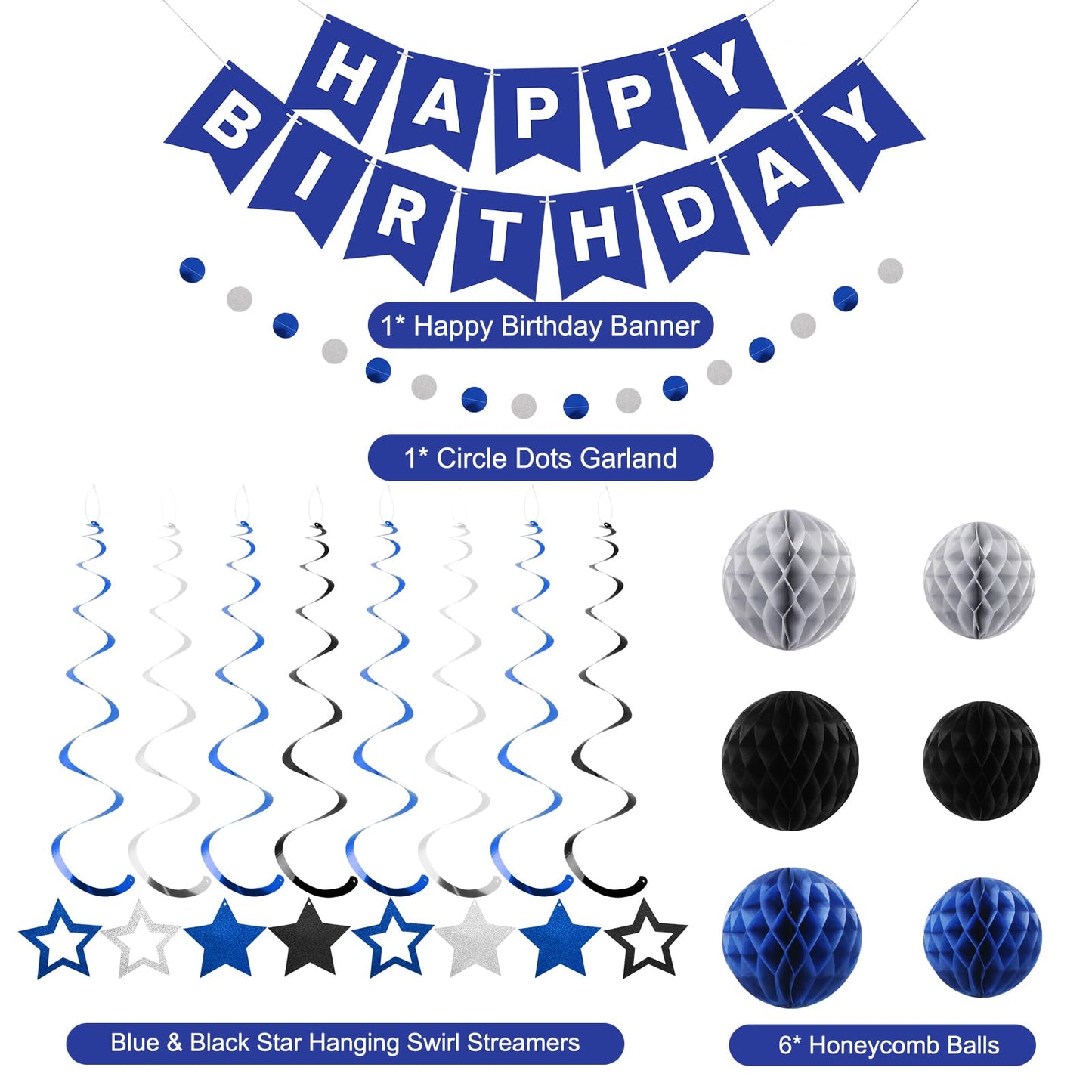 meowtastic Birthday Decorations, Happy Birthday Banner with Honeycomb Balls, Stars Hanging Swirl Streamers, Circle Dots Garland, Happy Birthday Party Decorations for Women Men Boys Girls (Blue)