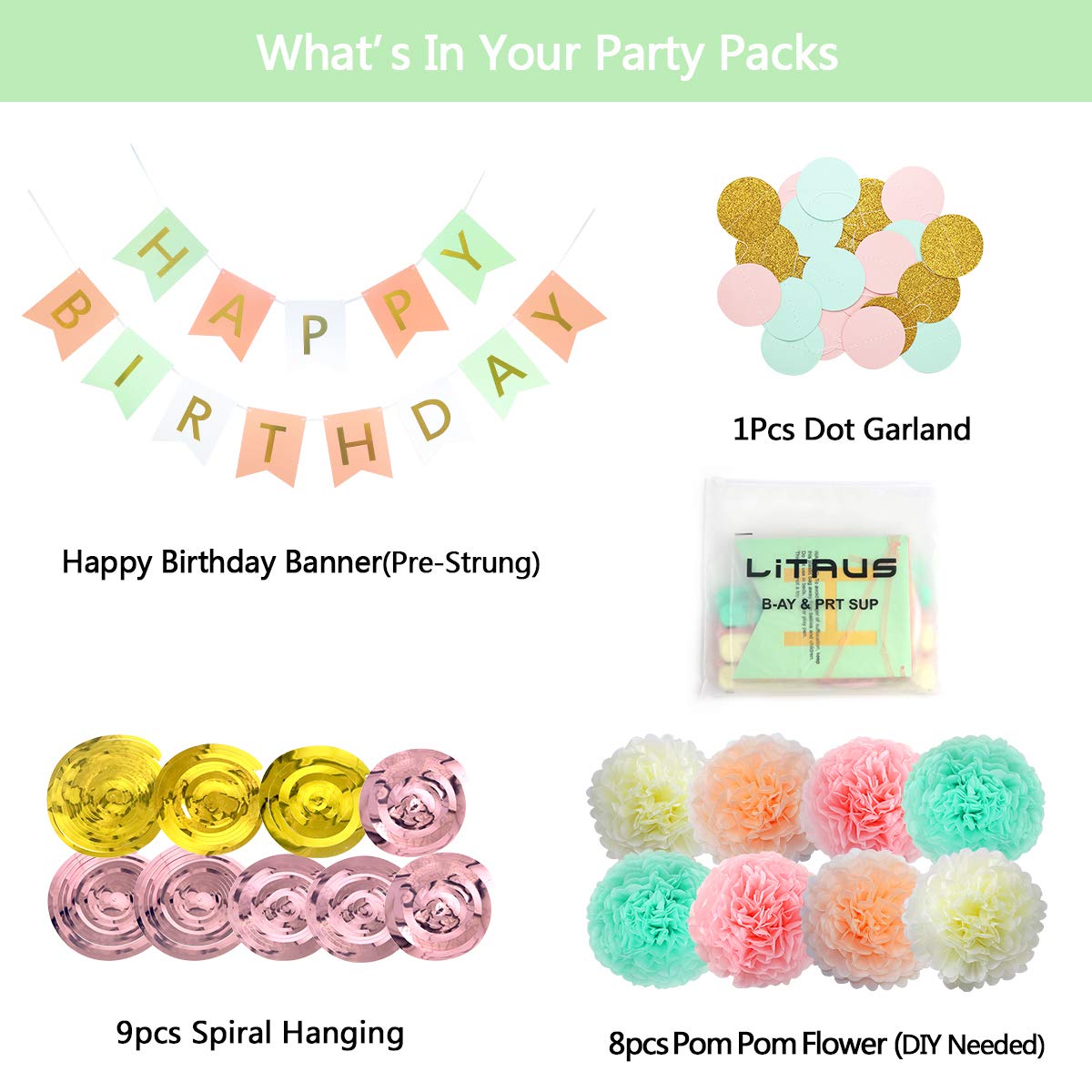 Macaron Birthday Decorations - Pack of 20 | Happy Birthday Banner, Tissue Paper, Swirls, Garland | Birthday Decorations for Women | Birthday Party Decorations | Happy Birthday Decorations