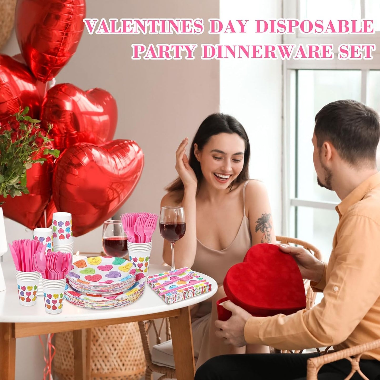 Layhit 350 Pcs Valentine's Day Tableware Sets Conversation Heart Paper Plates Valentines Plates Napkins Cups Disposable Colorful Heart Candy Dinnerware for Valentine Weddings Birthday, Serve 50