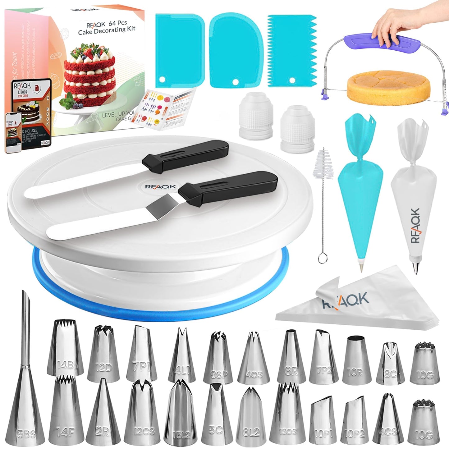 RFAQK 64 PCs Cake Decorating Kit for Beginners Includes Video Course, Booklet + Baking Supplies Gift - Cake Stand, Leveler, 24 Numbered Piping Tips, Straight & Offset Spatula, & Scraper sets