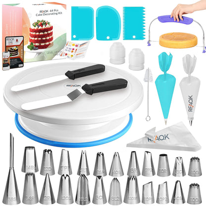 RFAQK 64 PCs Cake Decorating Kit for Beginners Includes Video Course, Booklet + Baking Supplies Gift - Cake Stand, Leveler, 24 Numbered Piping Tips, Straight & Offset Spatula, & Scraper sets