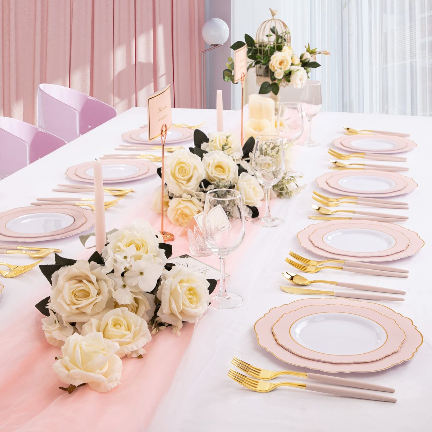 Rubtlamp 90Pcs Gold Plastic Silverware, Gold Plastic Utensils With Pink Handles Include 30 Plastic Gold Knives, 60 Plastic Forks and Spoons, Pink Plastic Silverware Heavy Duty For Party, Vlentines Day