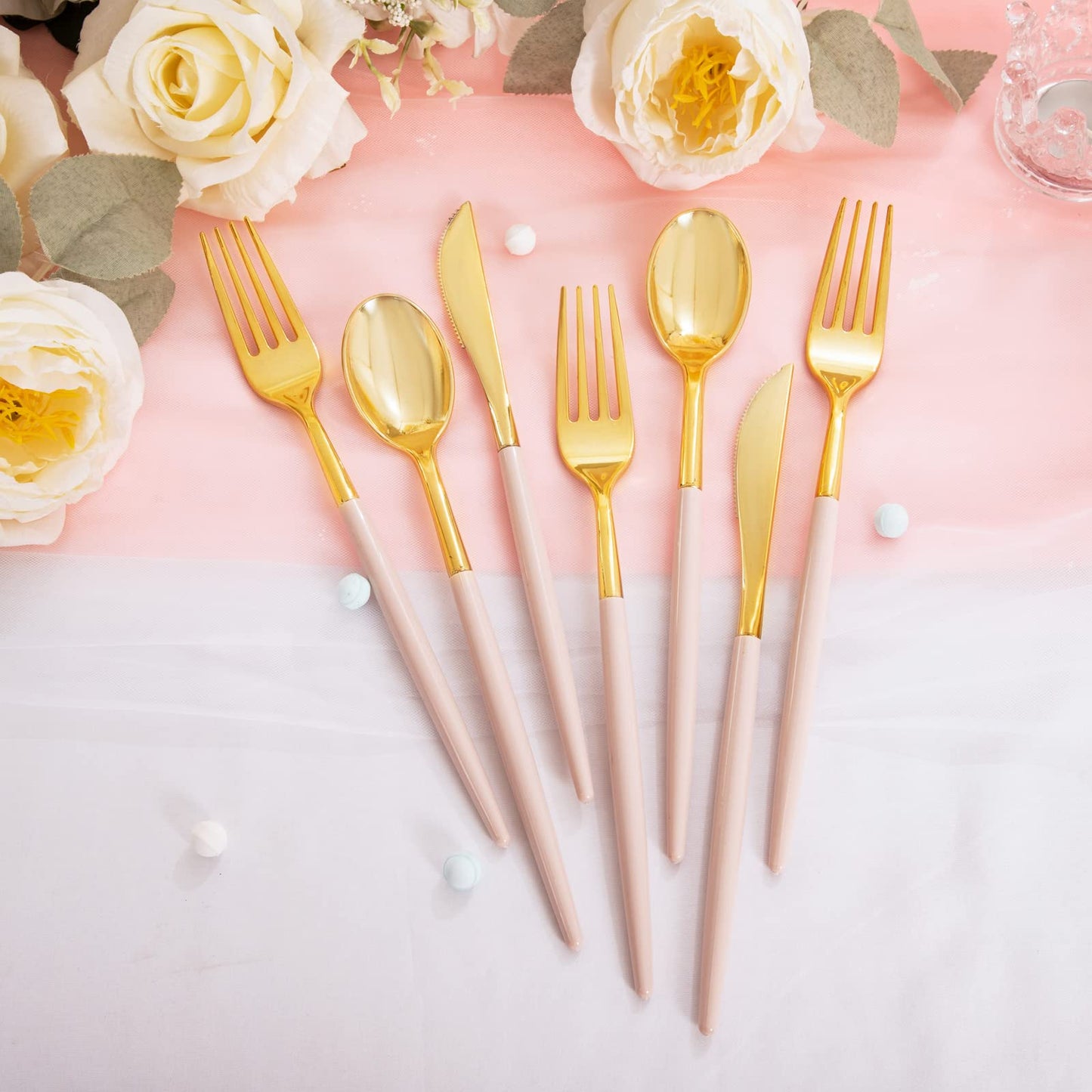 Rubtlamp 90Pcs Gold Plastic Silverware, Gold Plastic Utensils With Pink Handles Include 30 Plastic Gold Knives, 60 Plastic Forks and Spoons, Pink Plastic Silverware Heavy Duty For Party, Vlentines Day