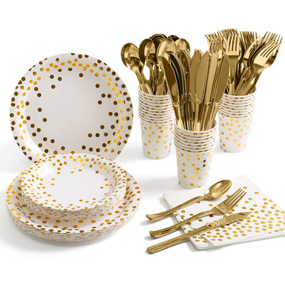 HOMIX 175 Piece Gold Party Supplies Set Serves 25 - Gold Paper Plates Napkins Cups with Gold Plastic Silverware Sets for Wedding Bridal Shower Baby Shower Holiday Parties