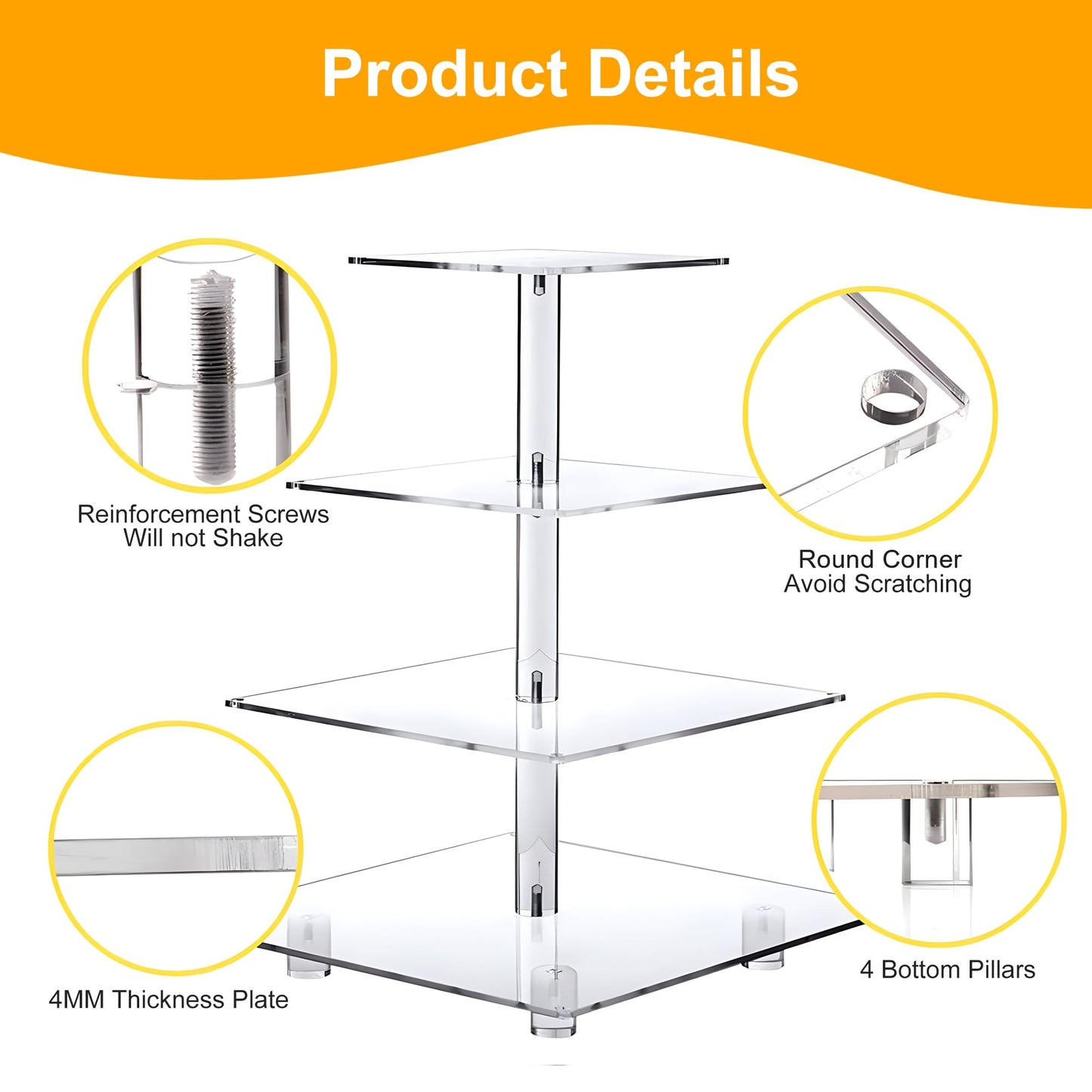 YestBuy 4 Tier Cupcake Stand Acrylic Tower Display with LED Light Premium Holder Dessert Tree Tower for Birthday Cady Bar Décor Weddings, Parties Events (Yellow Light)