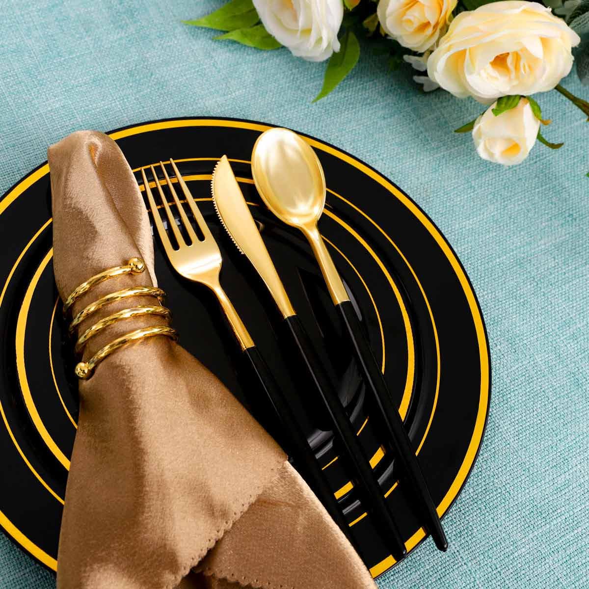 Rubtlamp 90Pcs Gold Plastic Silverware, Gold Plastic Utensils With Pink Handles Include 30 Plastic Gold Knives, 60 Plastic Forks and Spoons, Pink Plastic Silverware Heavy Duty For Party, Vlentines Day