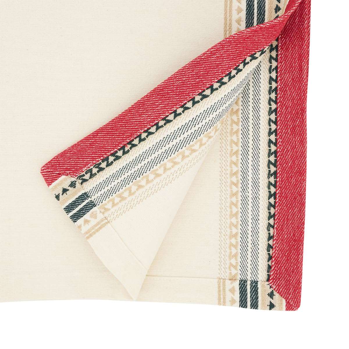 Close-up of a folded fabric with red, beige, and blue pattern on a white background
