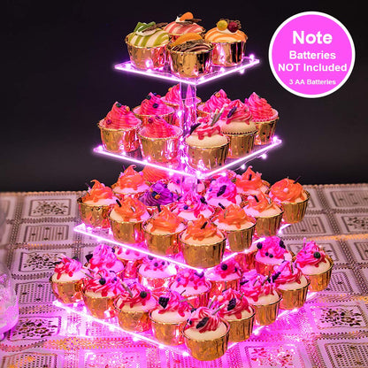 YestBuy 4 Tier Cupcake Stand Acrylic Tower Display with LED Light Premium Holder Dessert Tree Tower for Birthday Cady Bar Décor Weddings, Parties Events (Yellow Light)