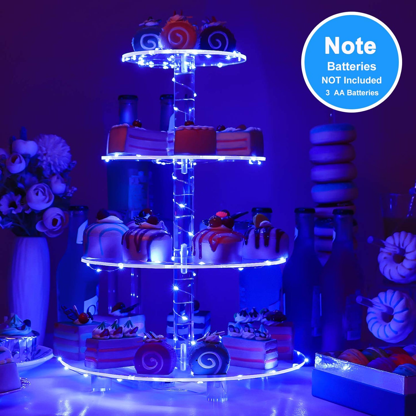 YestBuy 4 Tier Cupcake Stand Acrylic Tower Display with LED Light Premium Holder Dessert Tree Tower for Birthday Cady Bar Décor Weddings, Parties Events (Yellow Light)