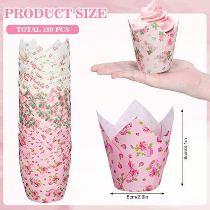 Whaline 180Pcs Spring Floral Tulip Cupcake Liners Greaseproof Muffin Baking Liners Pink Flower Tulip Cupcake Wrappers Baking Cup for Wedding Bridal Shower Birthday Tea Party Decor