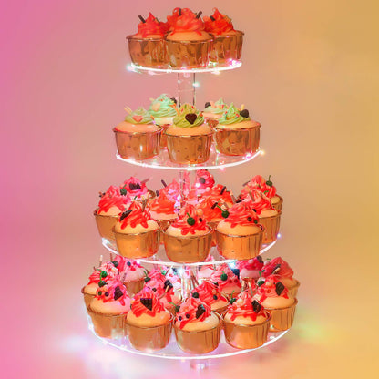 YestBuy 4 Tier Cupcake Stand Acrylic Tower Display with LED Light Premium Holder Dessert Tree Tower for Birthday Cady Bar Décor Weddings, Parties Events (Yellow Light)