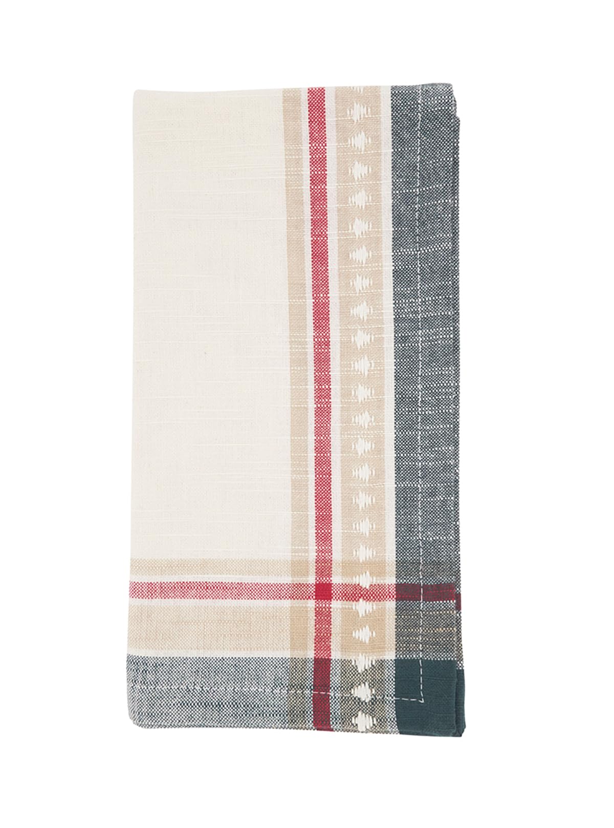 A folded woven textile napkin or tea towel with a cream body, a vertical red stripe, a beige band with white embroidered dots, and a gray border with a dark teal corner.