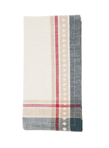 A folded woven textile napkin or tea towel with a cream body, a vertical red stripe, a beige band with white embroidered dots, and a gray border with a dark teal corner.