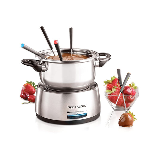 Nostalgia 6-Cup Electric Fondue Pot Set for Cheese & Chocolate - 6 Color-Coded Forks, Temperature Control - Stainless Steel Kitchen Gadgets and Appliances for Hors d'Oeuvres and More - Stainless Steel