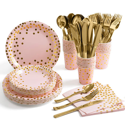 HOMIX 175 Piece Gold Party Supplies Set Serves 25 - Gold Paper Plates Napkins Cups with Gold Plastic Silverware Sets for Wedding Bridal Shower Baby Shower Holiday Parties