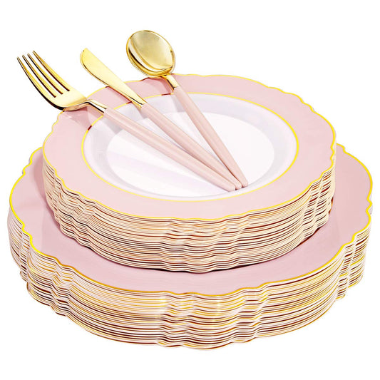 WDF 30Guest Pink Plastic Plates & Pink Christmas Plates - Gold Plastic Silverware With Pink Handle-Baroque Pink &Gold Plastic Dinnerware for Upscale Wedding &Parties